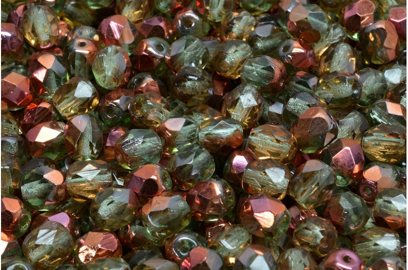 Fire Polished Faceted Beads Round, Transparent Green Crystal Pinkyellow Coating (50500-27137), Bohemia Crystal Glass, Czech Republic