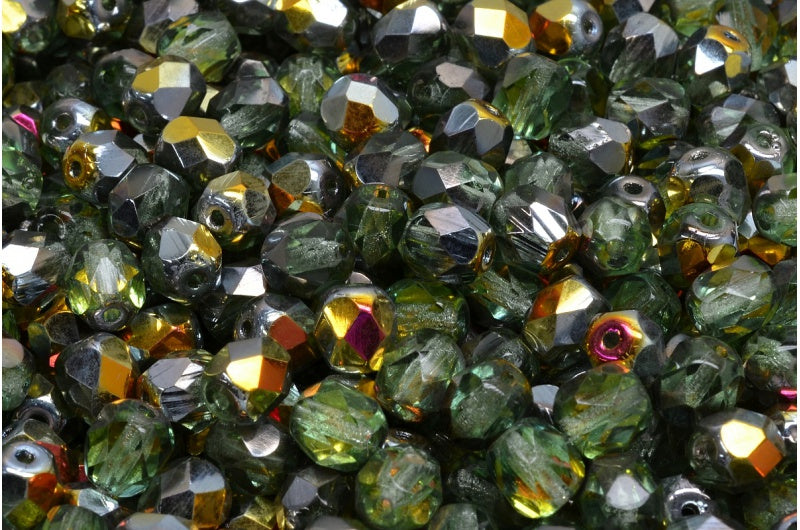 Fire Polished Faceted Beads Round, Transparent Green Volcano (50500-28001), Bohemia Crystal Glass, Czech Republic