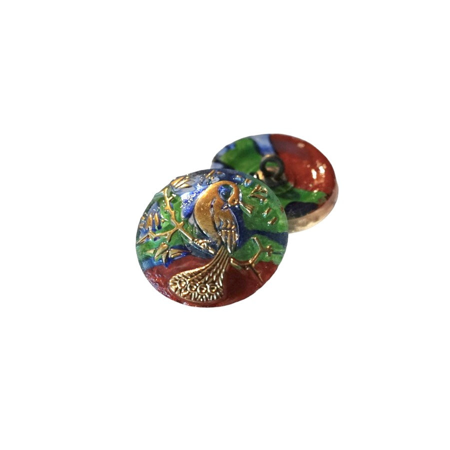 1 pcs Hand Painted Glass Buttons with ornament, size 10 (22.5 mm), Czech Republic