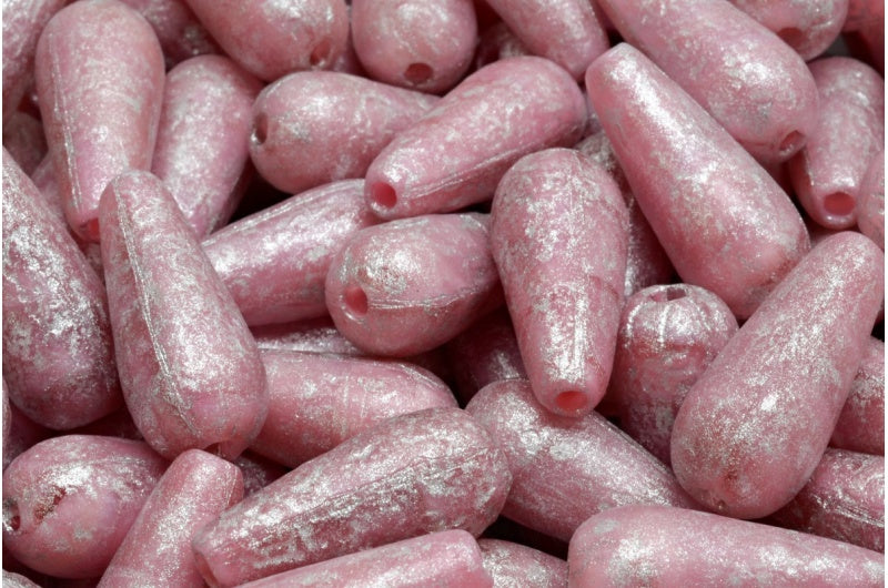 Drop Beads Opaque Pink Etched 34301 (76017-etch-34301), Glass, Czech Republic