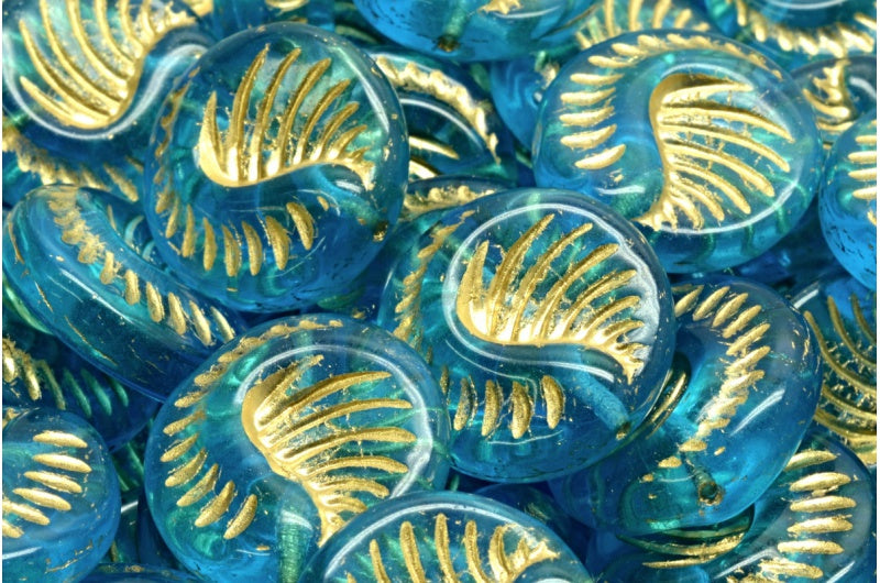 Fossil Coin Beads Transparent Aqua Gold Lined (60010-54302), Glass, Czech Republic