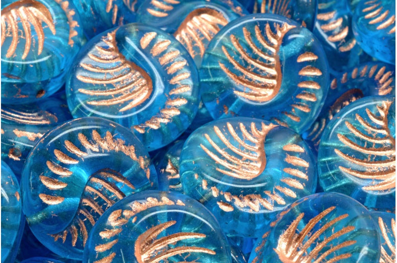 Fossil Coin Beads Transparent Aqua Copper Lined (60010-54307), Glass, Czech Republic