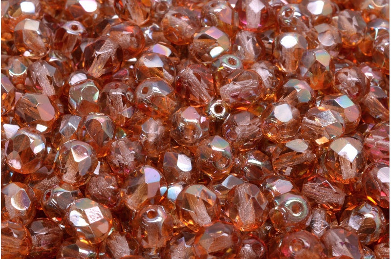 Fire Polished Faceted Beads Round, Transparent Light Amethyst Apricot Coatings (20020-29121), Bohemia Crystal Glass, Czech Republic