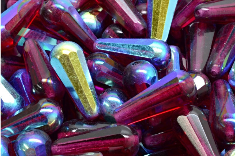 ファセット加工のファイアポリッシュ仕上げのティアドロップビーズ、透明レッドAb(70350-28701)、ガラス、チェコ共和国