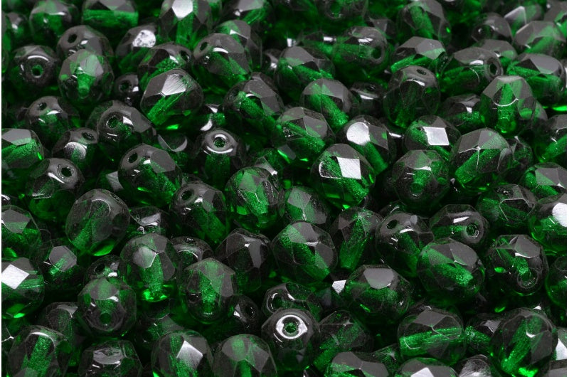 ファセット加工ビーズ ラウンド、透明グリーンエメラルド(50060)、ボヘミアクリスタルガラス、チェコ共和国