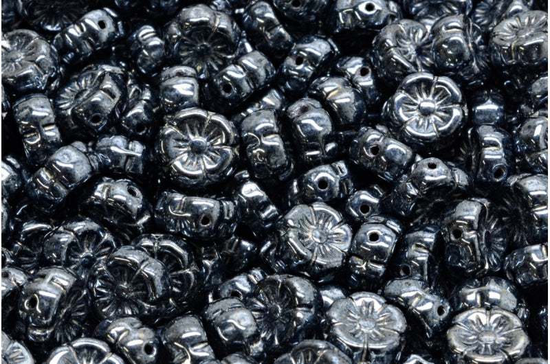 Mallow Flower Black Hematite (23980-14400), Glass, Czech Republic