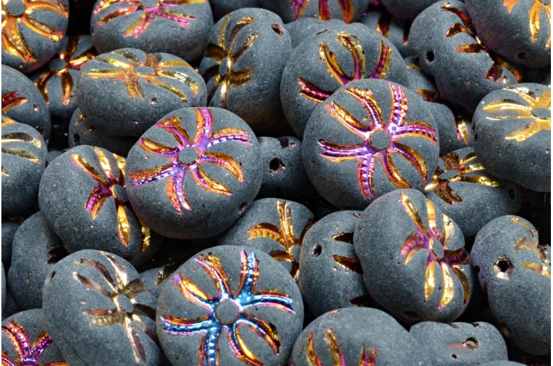 Round Spider Beads Black Sliperit Full (2X Side) Matte (23980-29503-84100), Glass, Czech Republic