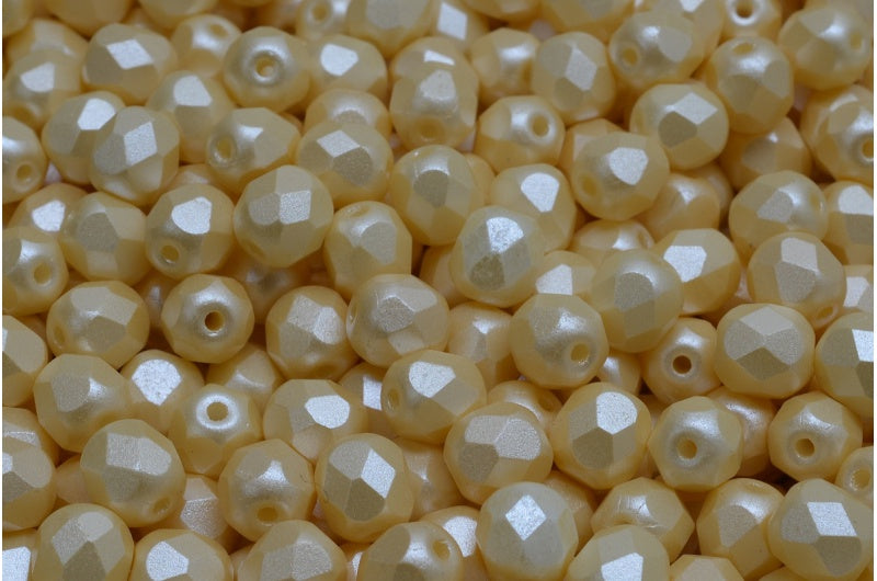 Fire Polished Faceted Beads Round, White Laser Etched Decor On Cream (02010-25039), Bohemia Crystal Glass, Czech Republic