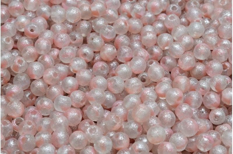 Round Druck Beads Pink Etched 34301 (R0742-etch-34301), Glass, Czech Republic