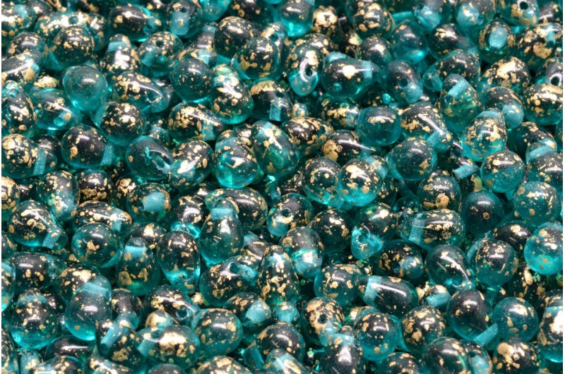 Teardrop beads, Transparent Aqua Gold Splash (60230-94401), Glass, Czech Republic