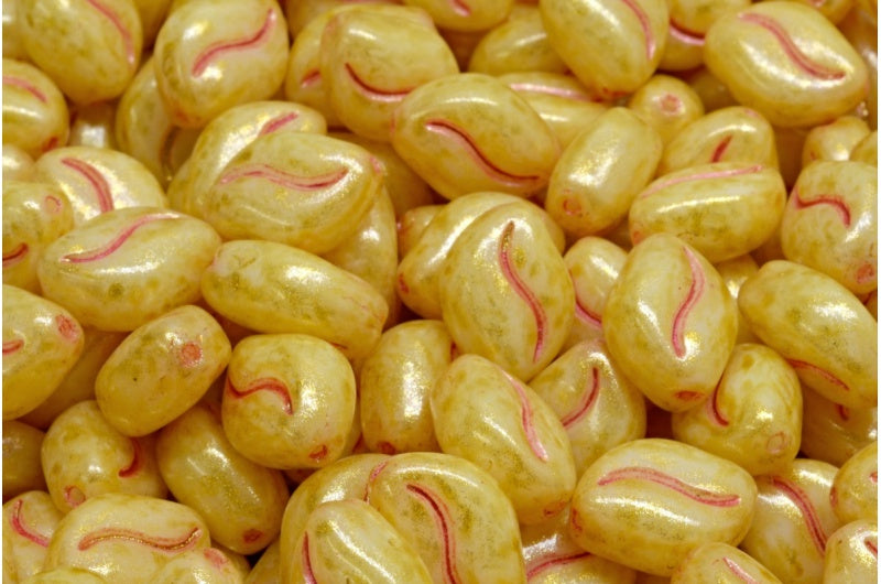 Wavy Grain Beads White Red Lined 34302 (02010-43808-34302), Glass, Czech Republic