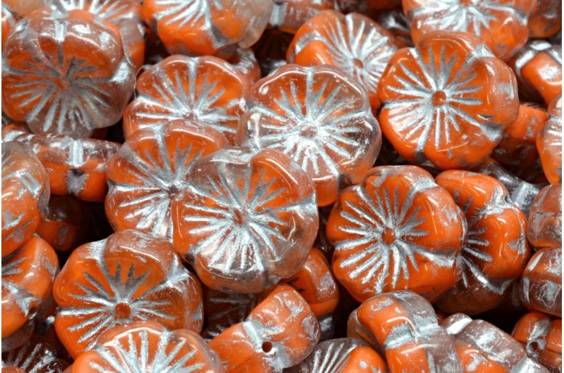 Hawaiian Flower Beads Orange Silver Lined (R0912-54301), Glass, Czech Republic