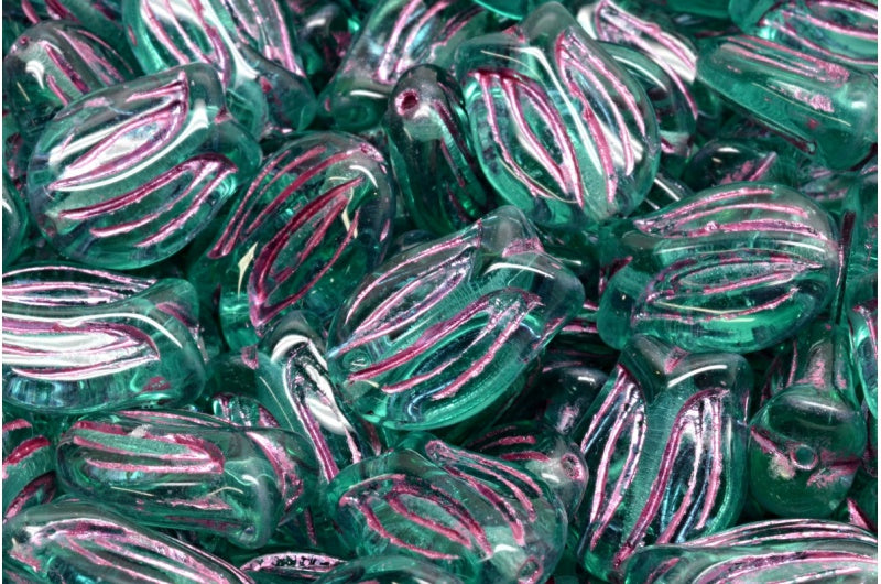 Mini Tulip Beads, Transparent Aqua Pink Lined (60200-54321), Glass, Czech Republic