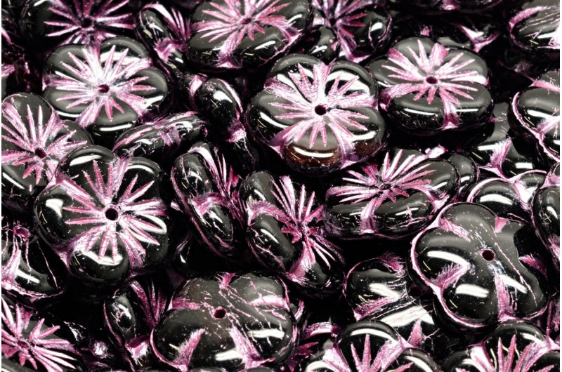 Apple Flower Beads, Black Pink Lined (23980-54321), Glass, Czech Republic