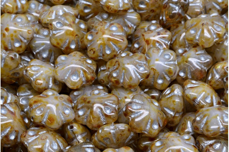 フォークロアフラワービーズ、R0731 トラバーチンシルバーライン(R0731-86800-54301)、ガラス、チェコ共和国