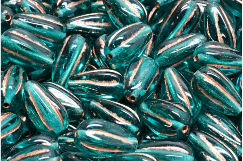 ドロップメロンビーズ、透明アクア銅線入り(60220-54318)、ガラス、チェコ共和国