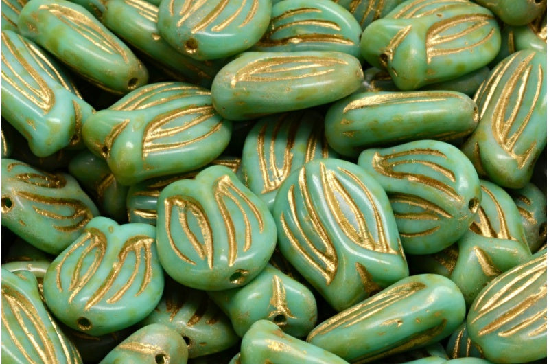 Mini Tulip Beads, Turquoise Travertin Gold Lined (63130-86800-54302), Glass, Czech Republic