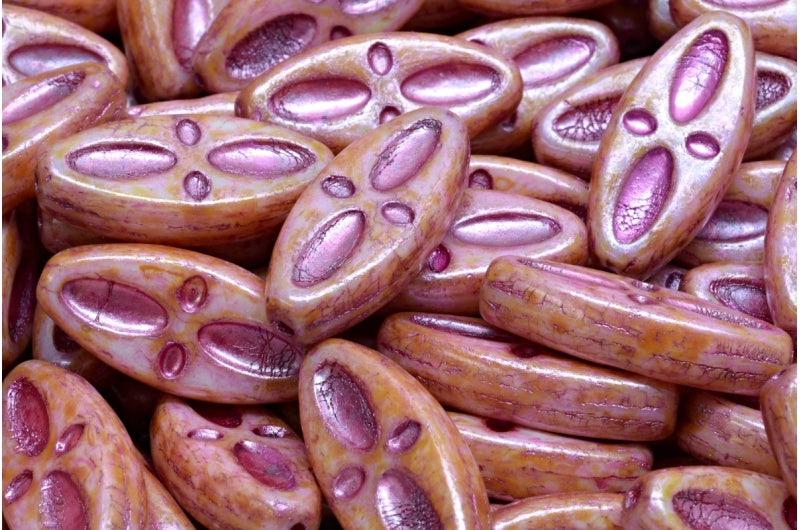 Ship Eye Oval Beads, White Pink Beige Luster Spotted Pink Lined (02010-65323-54321), Glass, Czech Republic