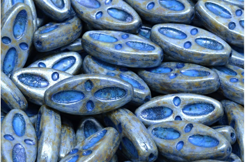 船眼椭圆形珠,白色绿色光泽斑点蓝色内衬 (02010-65325-54309),玻璃,捷克共和国