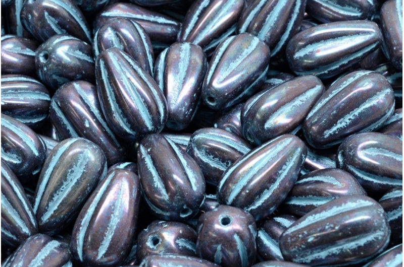 Drop Melon Beads, Opaque Amethyst Nebula Light Blue Lined (23030-15001-54308), Glass, Czech Republic