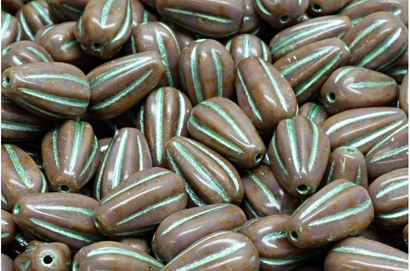 ドロップメロンビーズ、不透明アメジストトラバーチン54322(23030-86800-54322)、ガラス、チェコ共和国