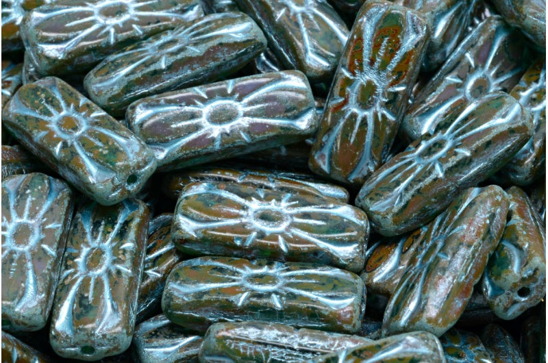 フラワーレクタングルビーズ、透明アクアトラバーチン54323(60220-86800-54323)、ガラス、チェコ共和国