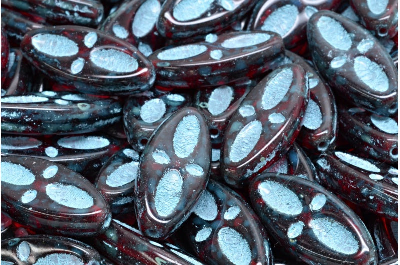 シップアイオーバルビーズ、ルビーレッドトラバーチンライトブルーライン(90080-86800-54308)、ガラス、チェコ共和国