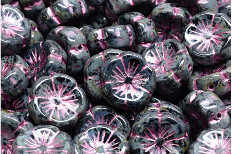 Hawaiian Flower Beads, Black Travertin Pink Lined (23980-86800-54321), Glass, Czech Republic