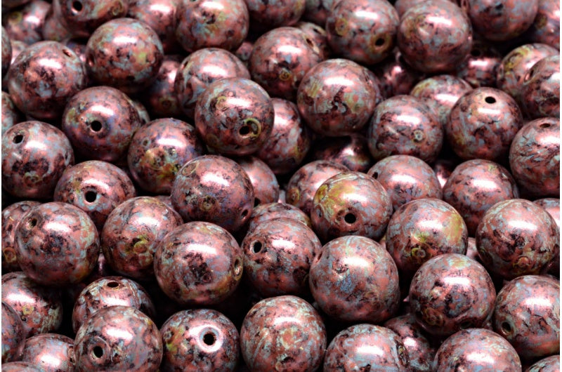 ラウンドドラックビーズ、黒銅光沢斑点(23980-65324)、ガラス、チェコ共和国