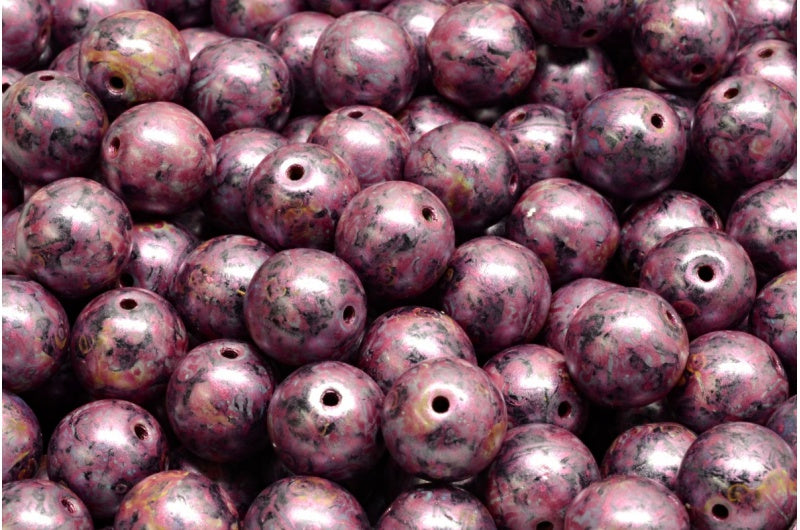 ラウンドドラックビーズ、ブラックローズラスタースポット(23980-65327)、ガラス、チェコ共和国