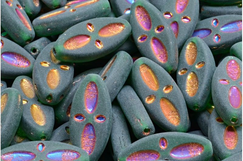 シップアイオーバルビーズ、透明グリーンエメラルドスリペリットフル(2Xサイド)マット(50150-29503-84100)、ガラス、チェコ共和国