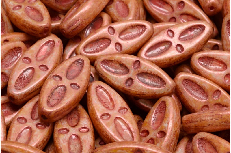 シップアイオーバルビーズ、白銅光沢、斑点、赤ライン入り(02010-65324-54310)、ガラス、チェコ共和国