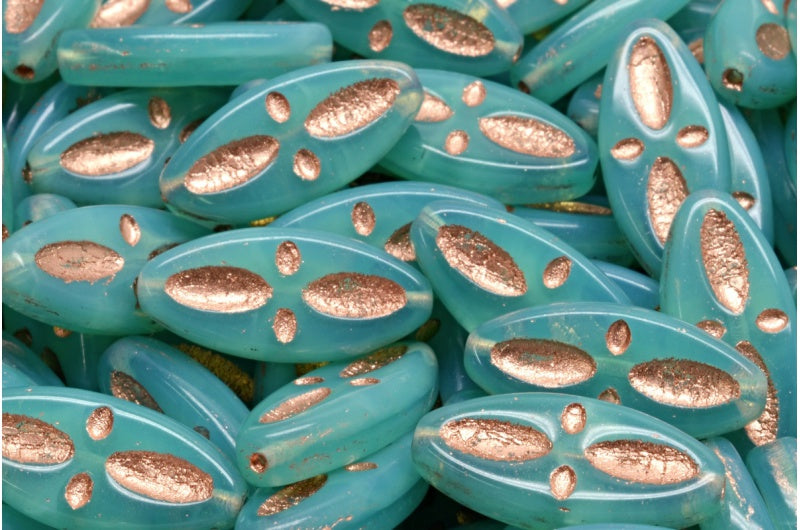 Ship Eye Oval Beads, Opal Aqua Copper Lined (61100-54318), Glass, Czech Republic
