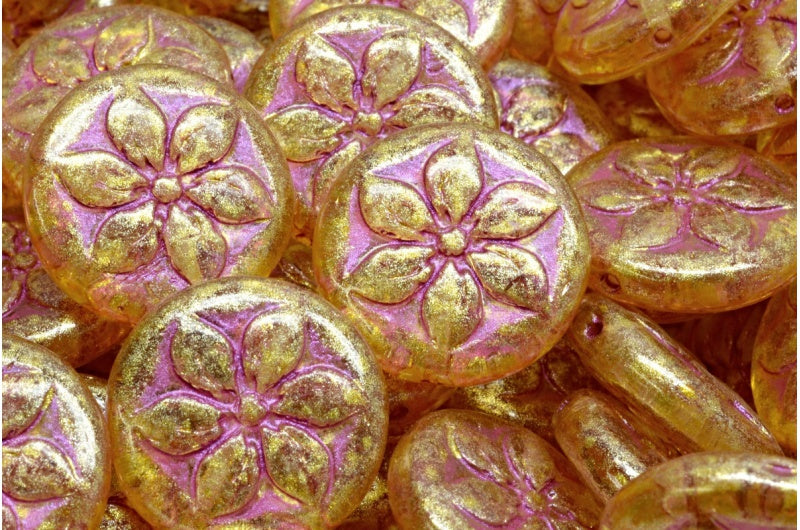 Flower Coin Beads, Crystal Pink Lined 34302 (00030-43807-34302), Glass, Czech Republic