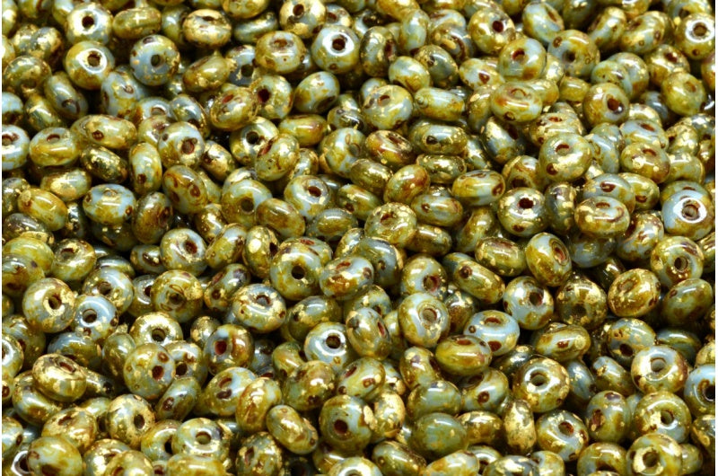 ロンデル・ドラックビーズ、オパールブルートラバーチンゴールドスプラッシュ(31010-86800-94401)、ガラス、チェコ共和国