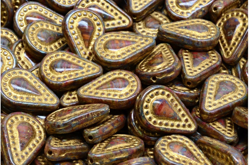 フィリグリーティアドロップビーズ、R9842 トラバーチンゴールドライン(R9842-86800-54302)、ガラス、チェコ共和国