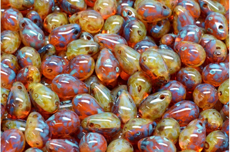 ドロップビーズ、オパールホワイト透明イエロートラバーチン(01000-80020-86800)、ガラス、チェコ共和国