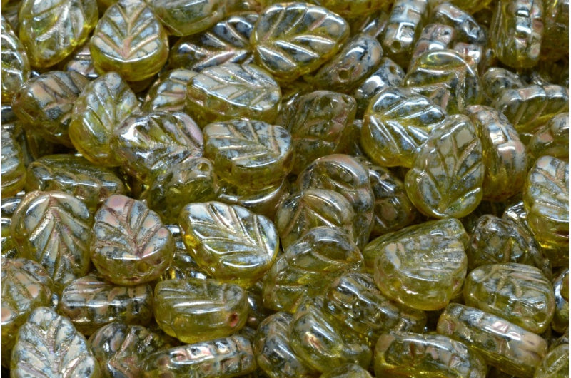 Mint Leaf Beads, Transparent Green Picasso (50220-43400), Glass, Czech Republic
