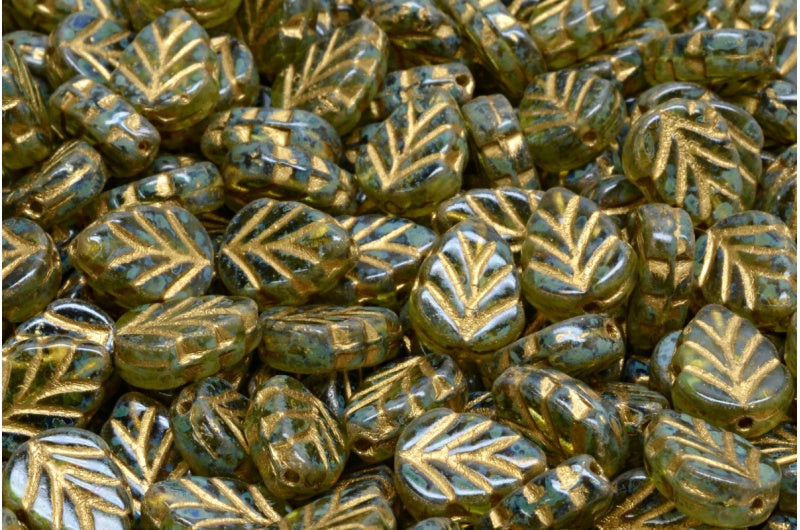 Mint Leaf Beads, Transparent Green Travertin Gold Lined (50220-86800-54302), Glass, Czech Republic