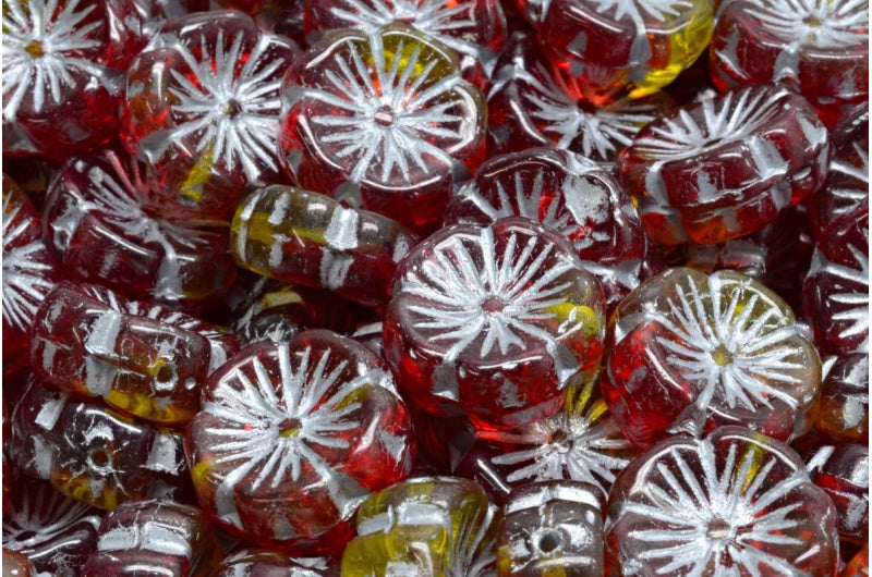 ハワイアンフラワービーズ、ルビーレッド透明イエローシルバーライン(90080-80010-54301)、ガラス、チェコ共和国