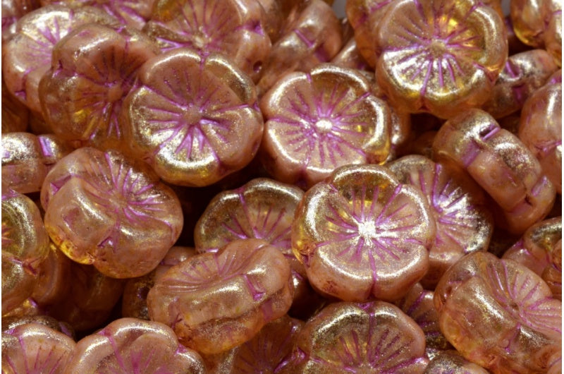 Hawaiian Flower Beads, Pink Pink Lined 34302 (R0742-43807-34302), Glass, Czech Republic