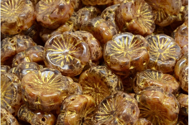 ハワイアンフラワービーズ、ピンクトラバーチンイエローライン(R0742-86800-43803)、ガラス、チェコ共和国