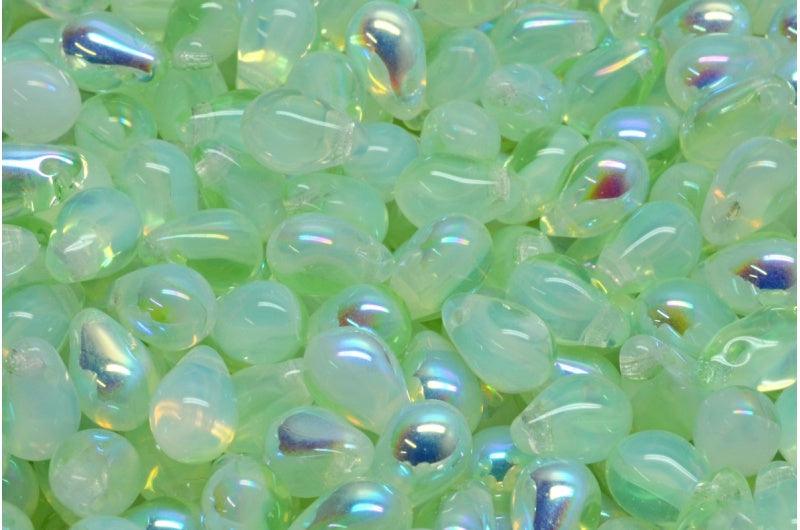 ドロップビーズ、オパールホワイト透明グリーンAb(01000-50800-28701)、ガラス、チェコ共和国