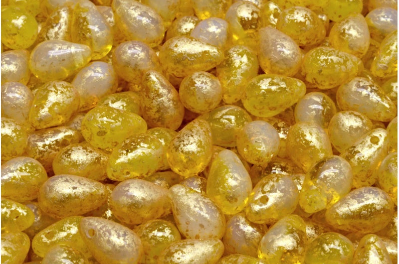 ドロップビーズ、オパールホワイト透明イエローゴールドスプラッシュ(01000-80020-94401)、ガラス、チェコ共和国