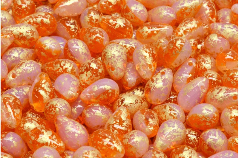 ドロップビーズ、オパールホワイト透明オレンジゴールドスプラッシュ(01000-90020-94401)、ガラス、チェコ共和国