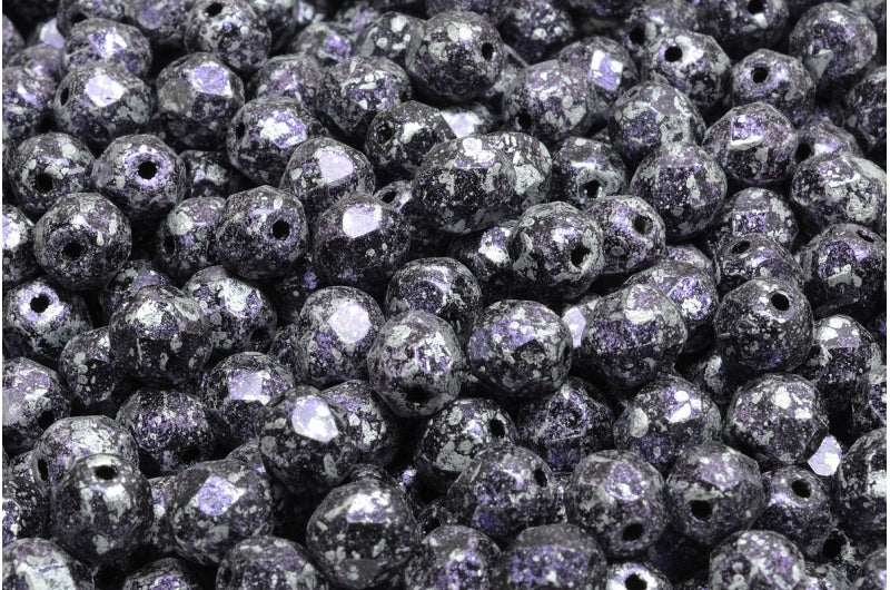 ファセット加工ラウンドビーズ、ブラックツイードバイオレット(23980-45710)、ボヘミアクリスタルガラス、チェコ共和国
