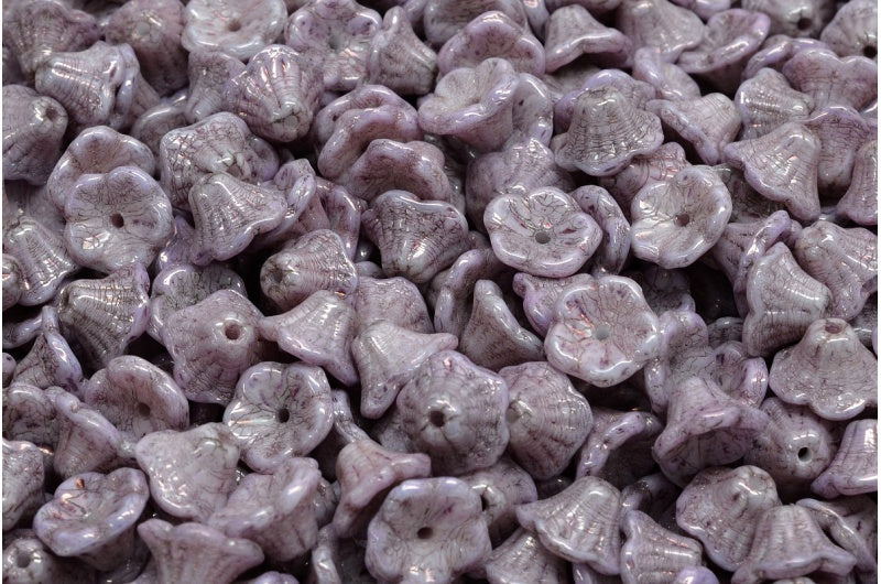 Bell Flower Cup Beads, White Purple (02010-15726), Glass, Czech Republic