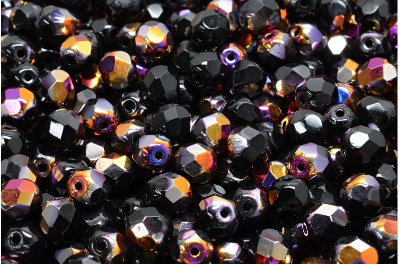 Fire Polished Faceted Beads Round, Black Sliperit (23980-29501), Bohemia Crystal Glass, Czech Republic