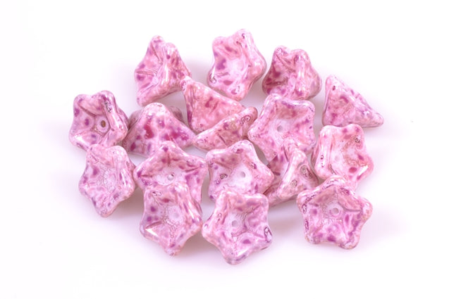 Petunia Flower Beads 8 x 13 mm, Chalk White Marble Violet (3000-15423), Bohemia Crystal Glass, Czechia 11100285