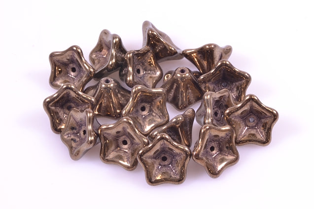 Petunia Flower Beads 8 x 13 mm, Black Luster Gold (23980-14485), Bohemia Crystal Glass, Czechia 11100285